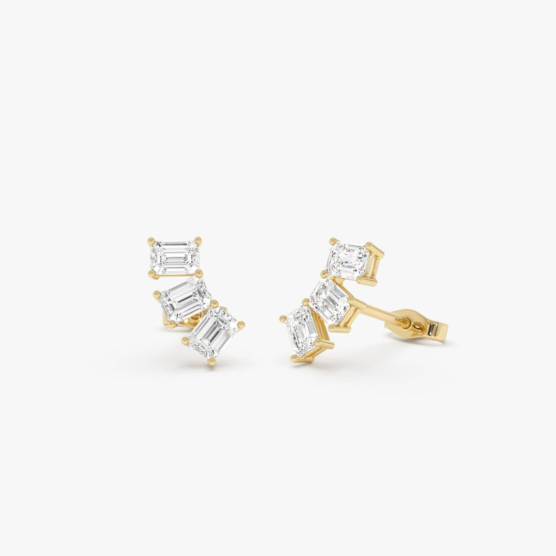 Triple Emerald Cut Diamond Stud Earrings