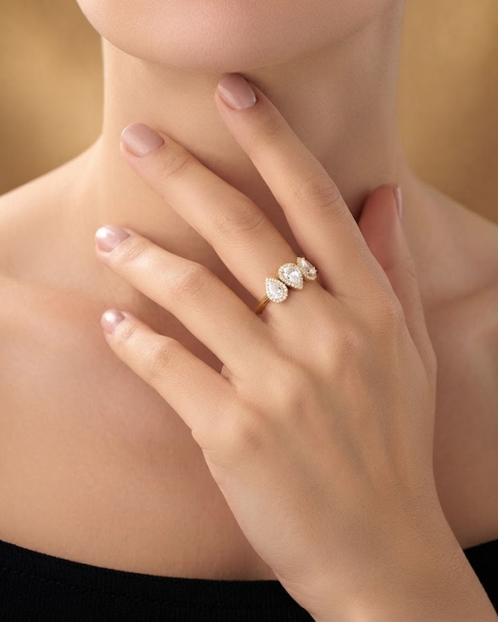 Triple Pear Shaped Halo Setting Lab Grown Diamond Ring