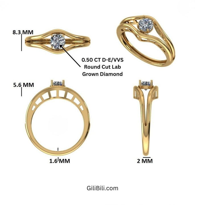 Unique Split Shank Round Lab Grown Diamond Engagement Ring