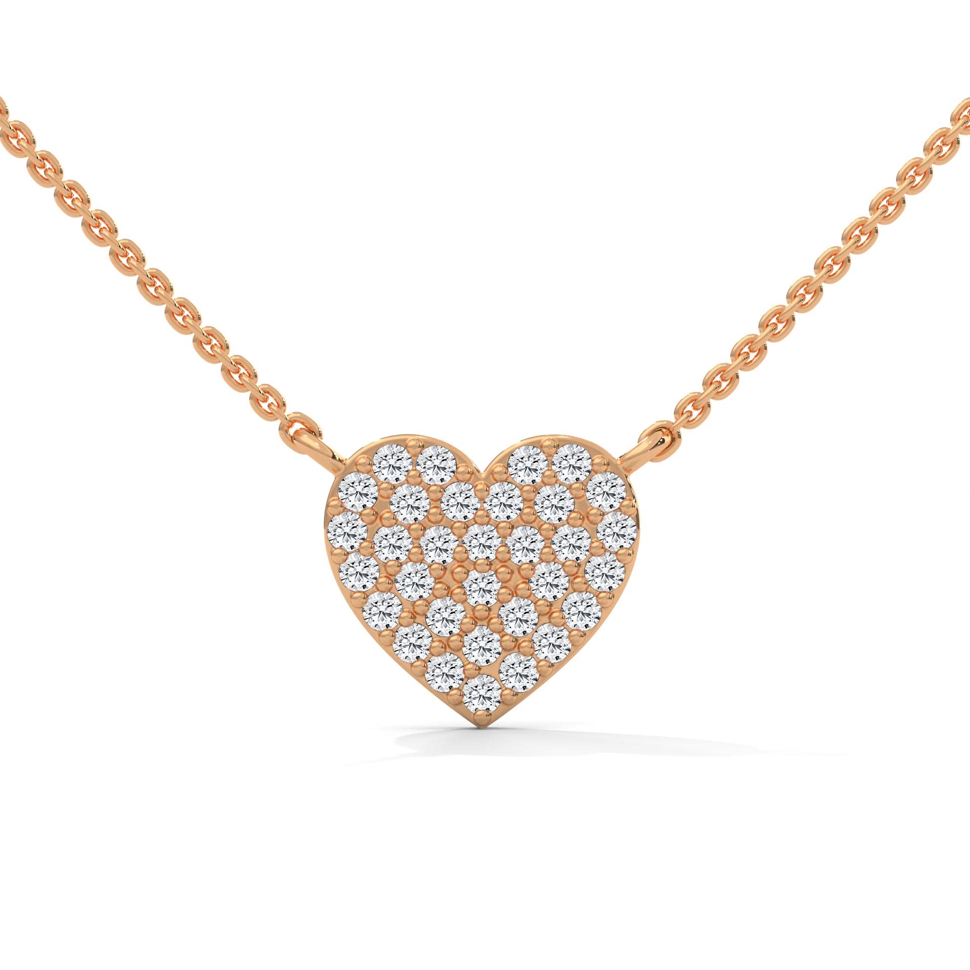 Rose gold heart-shaped necklace with diamonds on a white background