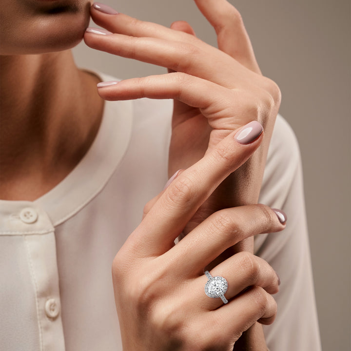 Pave Set Diamond Engagement Ring with Halo Oval Setting