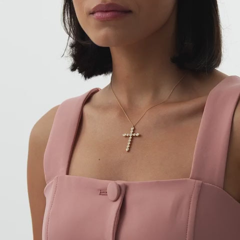 Round and Pear MIx Shape Diamond Cross Necklace