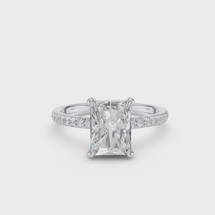 Radiant Cut Lab Grown Diamond Pavé Band Hidden Halo Engagement Ring