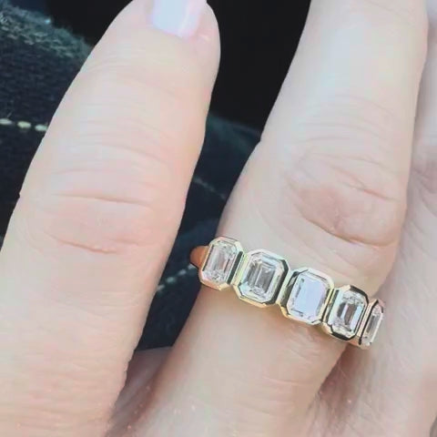 Nine Stone Emerald Cut Lab Diamond Bezel Setting Wedding Ring