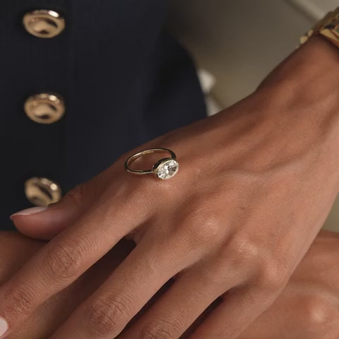 East West Classic Oval Shaped Lab Diamond Bezel Set Engagement Ring
