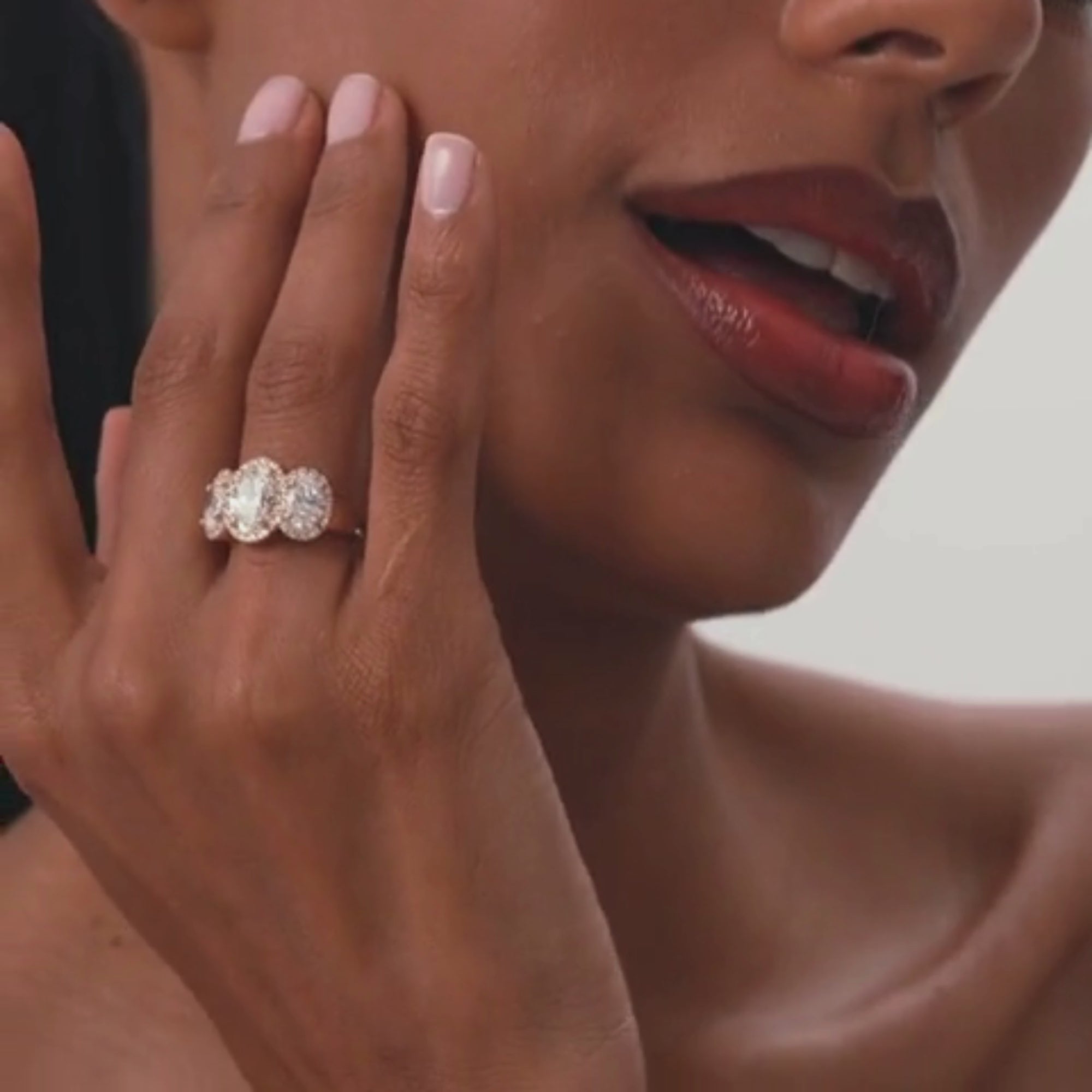 Three Stone Halo Oval Lab Grown Engagement Ring
