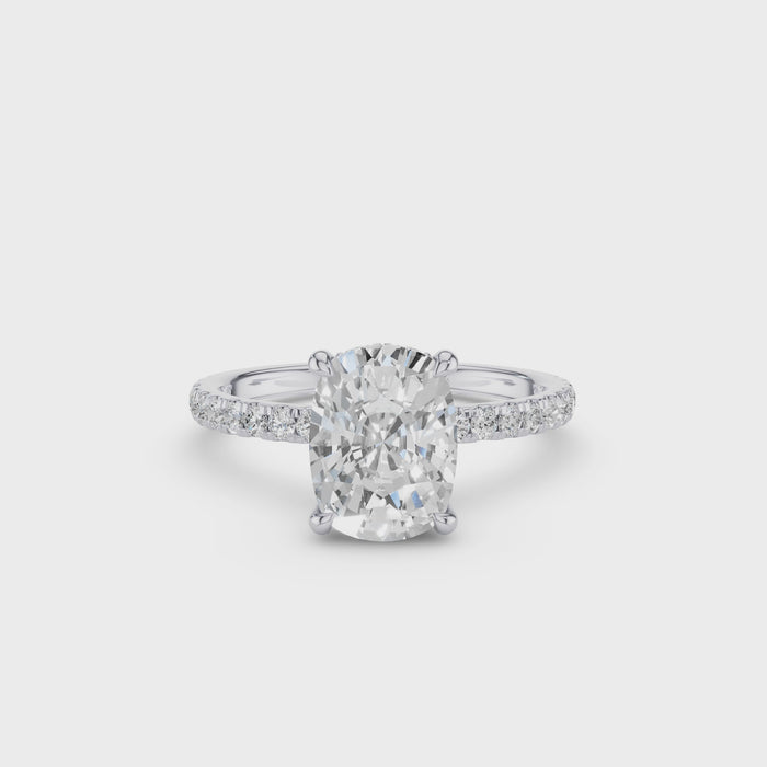 Elogated Cushion Cut Diamond Pavé Set WIth Hidden Halo Ring