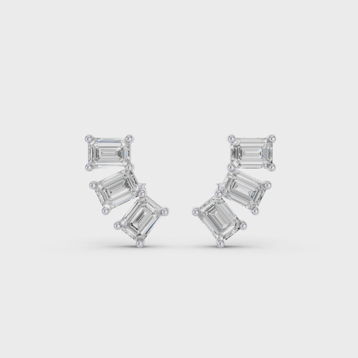 Triple Emerald Cut Diamond Stud Earrings