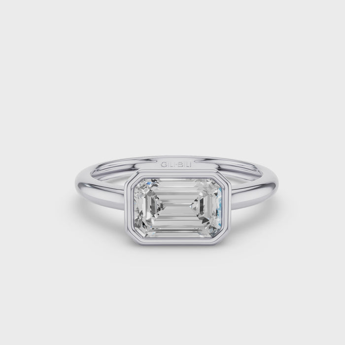 East West Emerald Cut Lab Grown Bezel Setting Engagement Ring