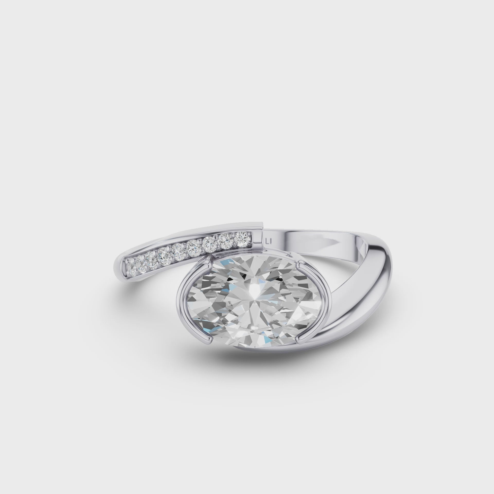 Oval Shaped Curved Half Pavé Band Engagement Ring