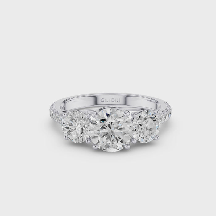 Three Stone with Pave Shank Round Lab Grown Diamond Engagement Ring