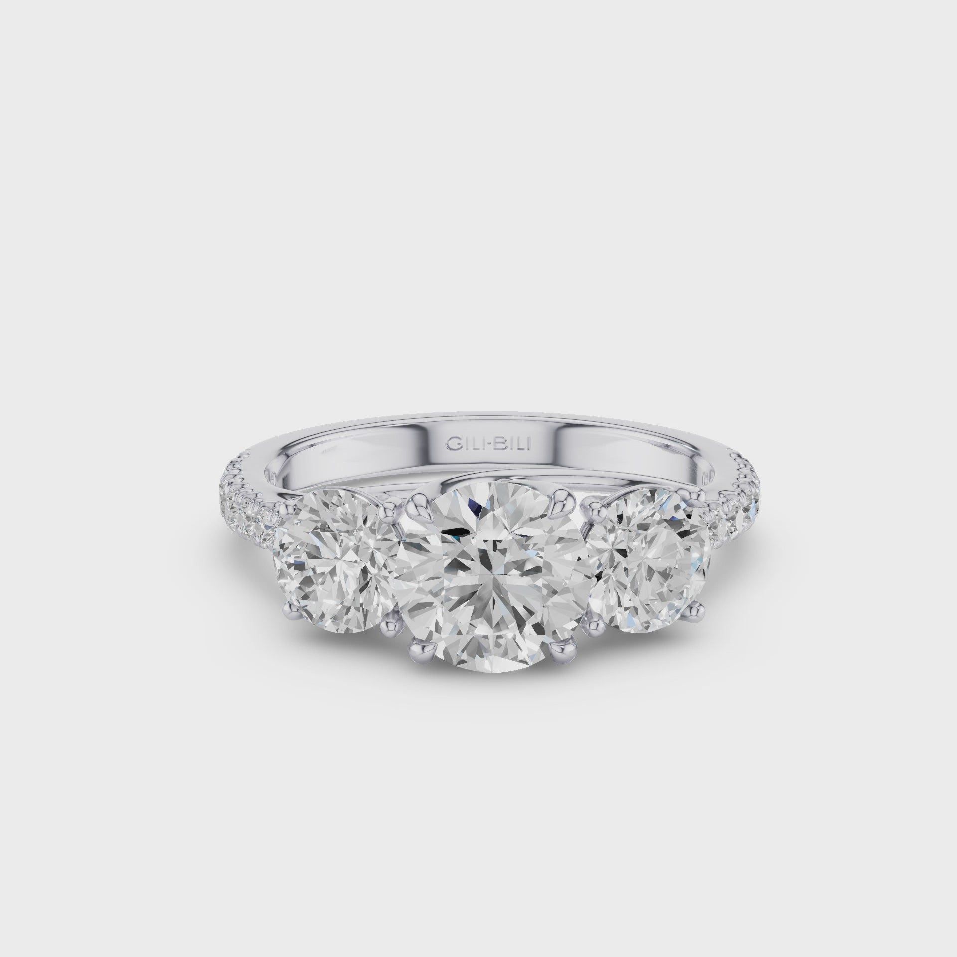 Three Stone with Pave Shank Round Lab Grown Diamond Engagement Ring