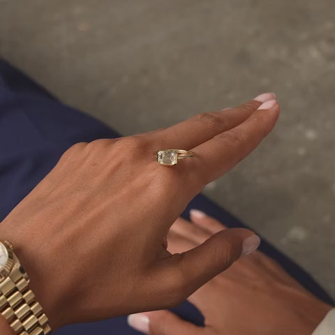 East West Emerald Cut Lab Grown Bezel Setting Engagement Ring