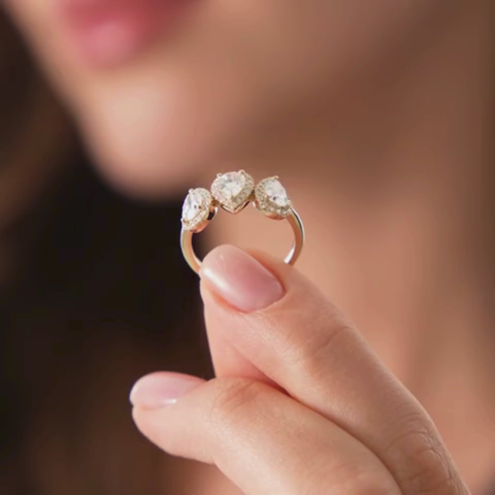 Triple Pear Shaped Halo Setting Lab Grown Diamond Ring