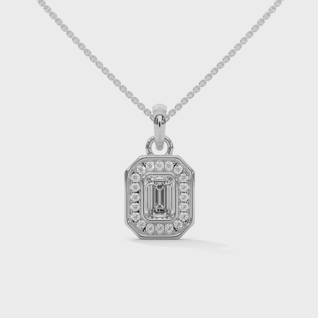 Emerald cut halo pendant