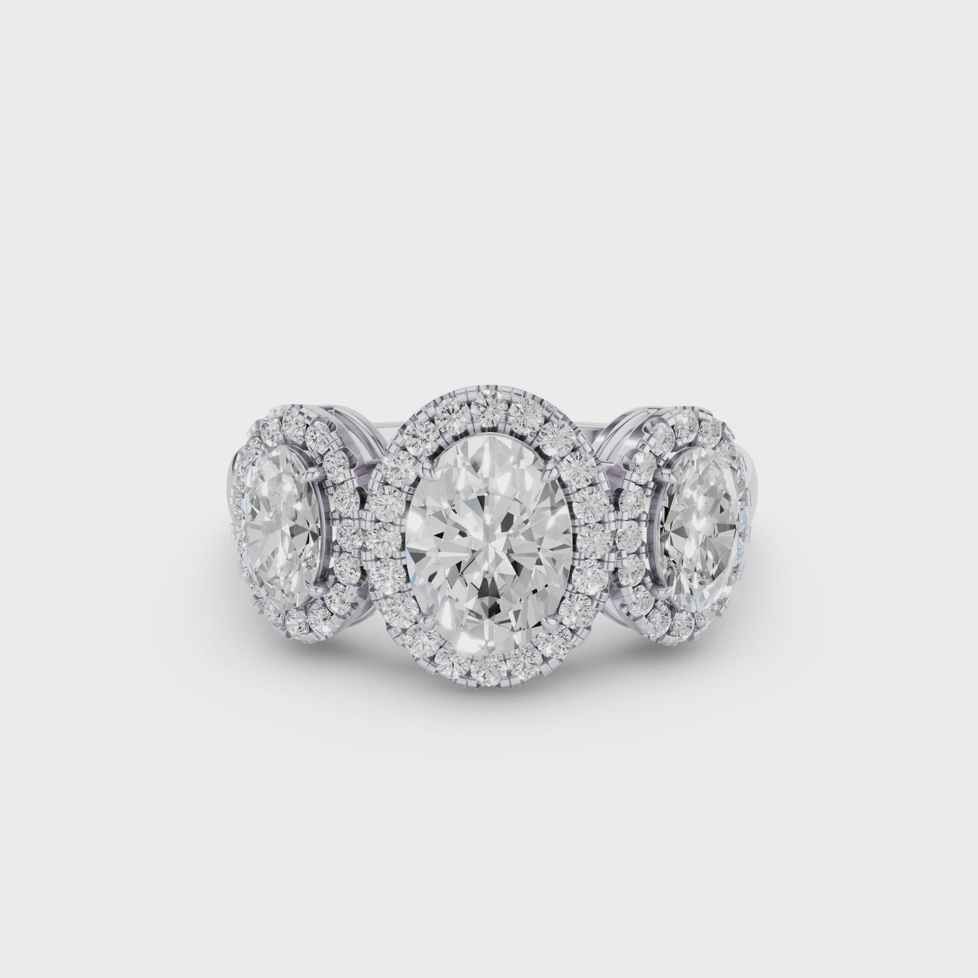 Three Stone Halo Oval Lab Grown Engagement Ring