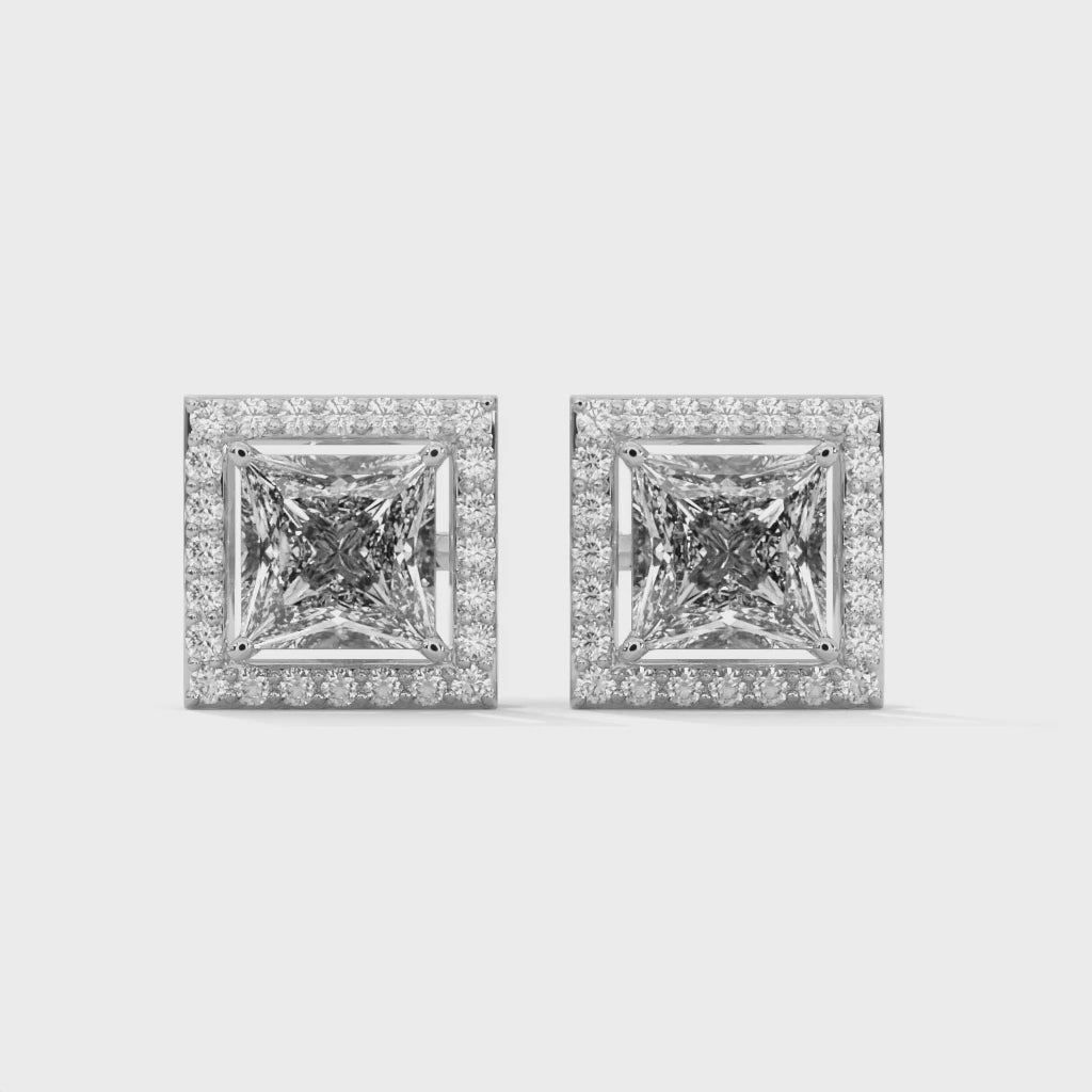 Princess Cut Halo Stud Earring With Gold