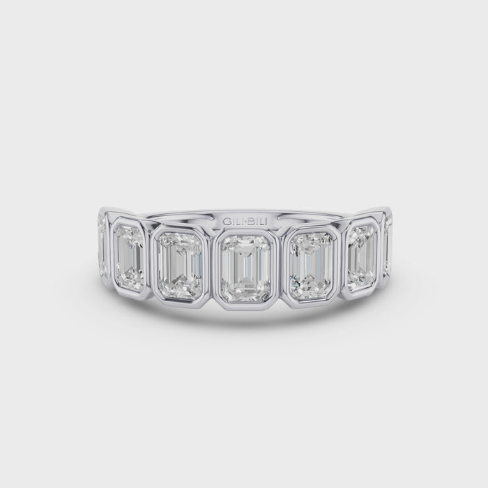 Seven Stone Emerald Cut Lab Grown Diamond Bezel Setting Wedding Ring