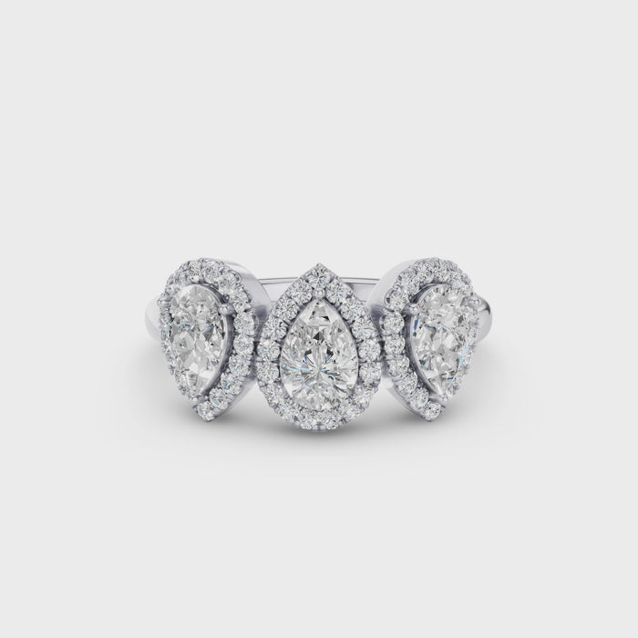 Triple Pear Shaped Halo Setting Lab Grown Diamond Ring