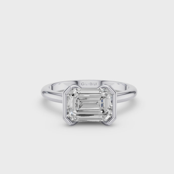 Half Bezel Set Emerald Cut Lab Grown Diamond Engagement Ring
