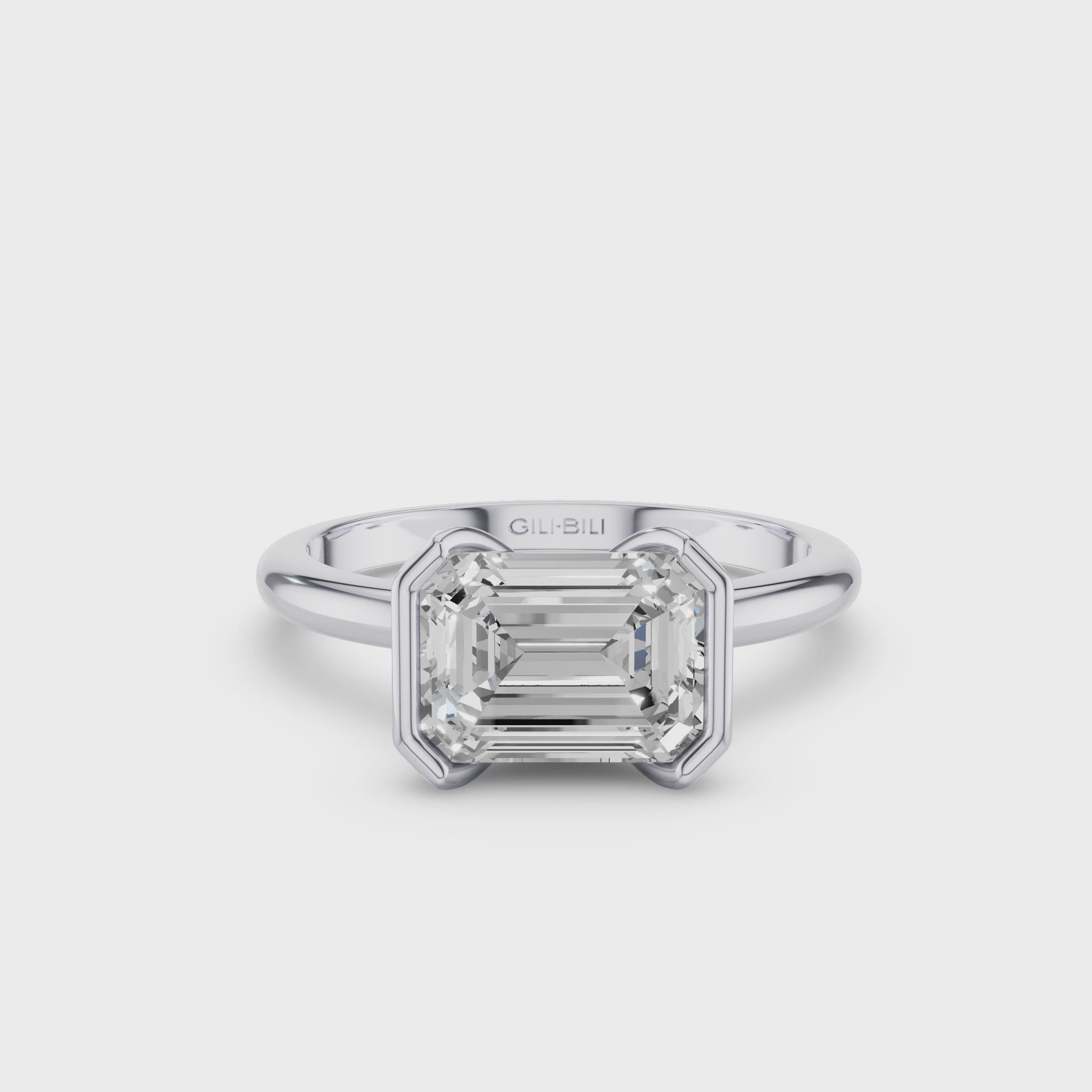 Half Bezel Set Emerald Cut Lab Grown Diamond Engagement Ring